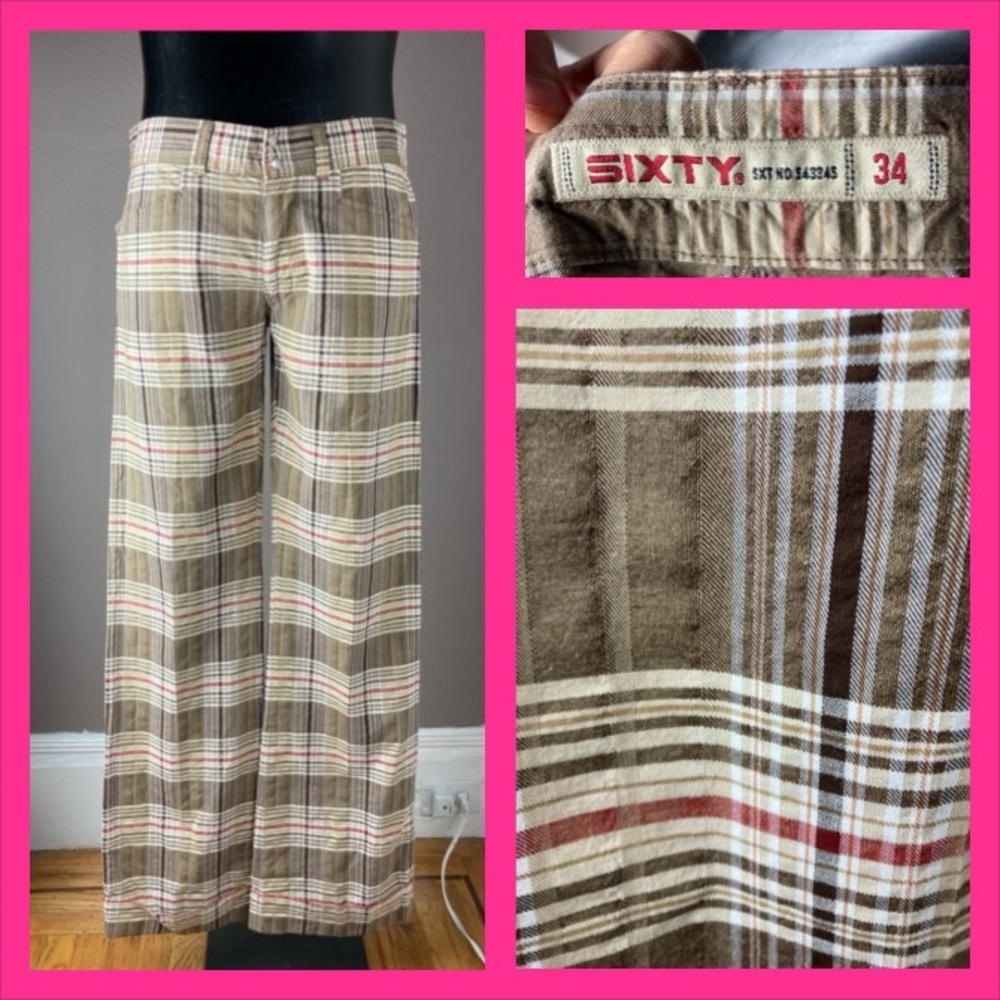 Sixty Y2K Men’s Cotton Low-Rise Plaid Pants with French Cuffs